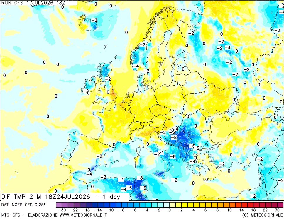 mappa Dif. Temp a 2 metri Valid - 1 day