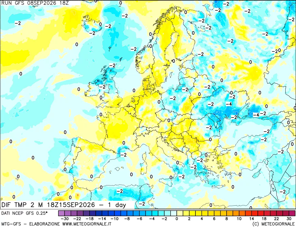 mappa Dif. Temp a 2 metri Valid - 1 day