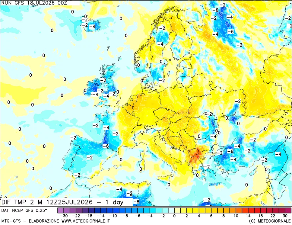 mappa Dif. Temp a 2 metri Valid - 1 day