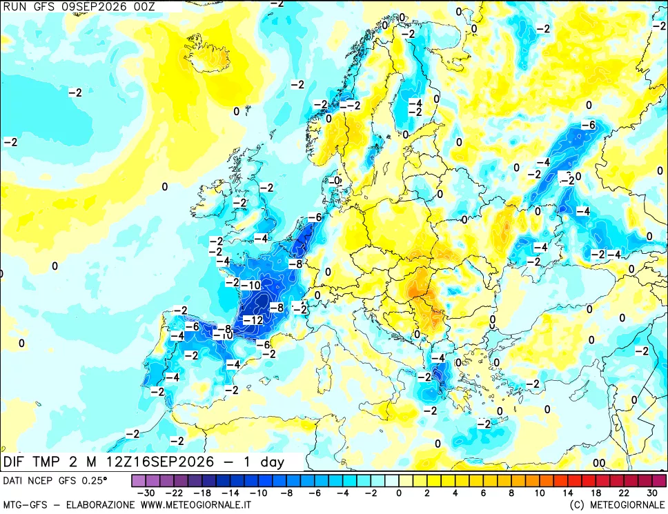 mappa Dif. Temp a 2 metri Valid - 1 day