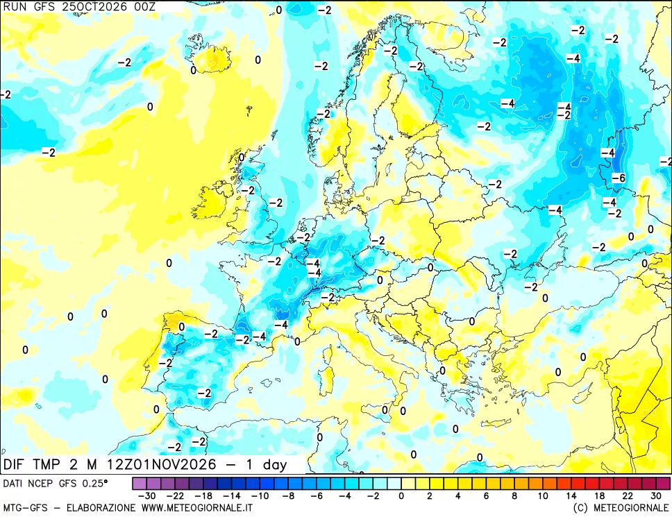 mappa Dif. Temp a 2 metri Valid - 1 day