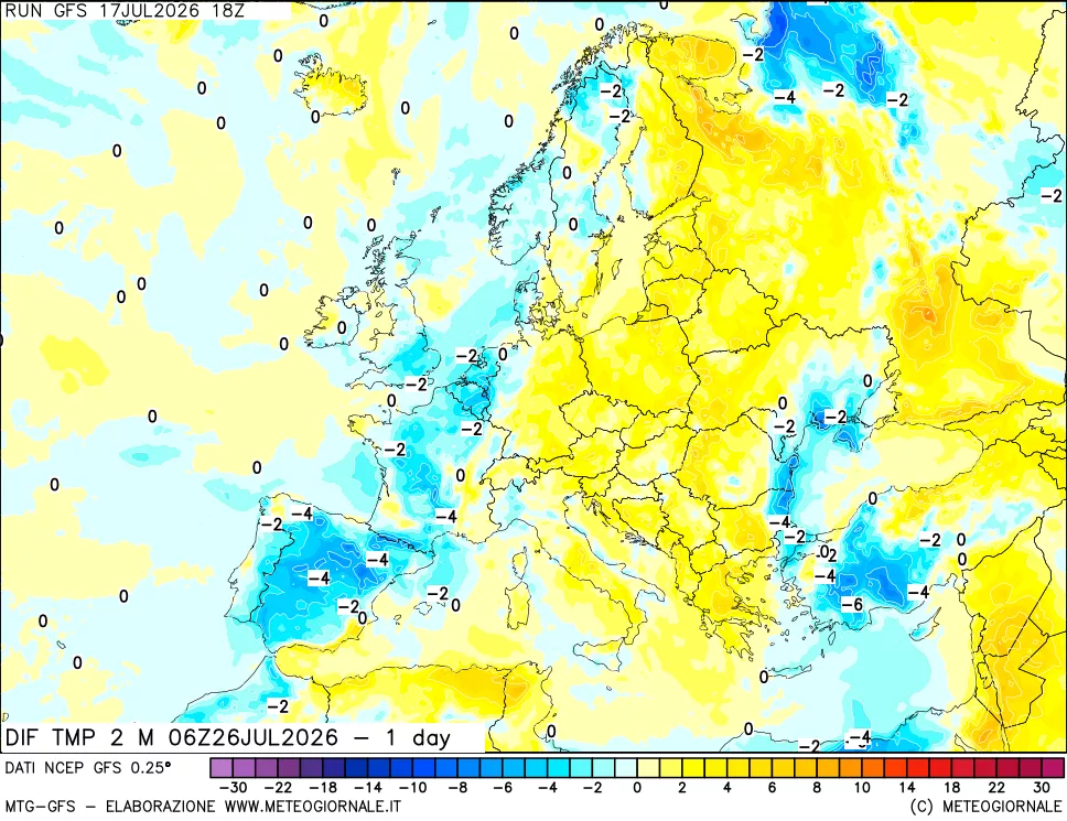 mappa Dif. Temp a 2 metri Valid - 1 day