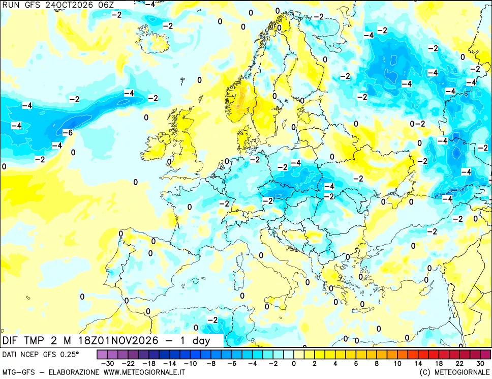 mappa Dif. Temp a 2 metri Valid - 1 day