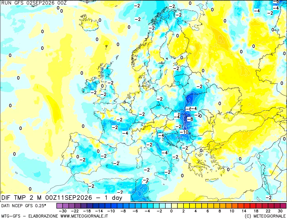 mappa Dif. Temp a 2 metri Valid - 1 day