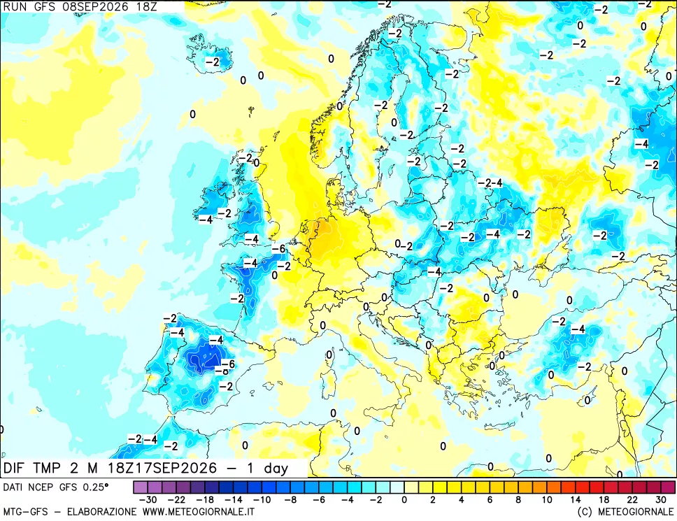 mappa Dif. Temp a 2 metri Valid - 1 day