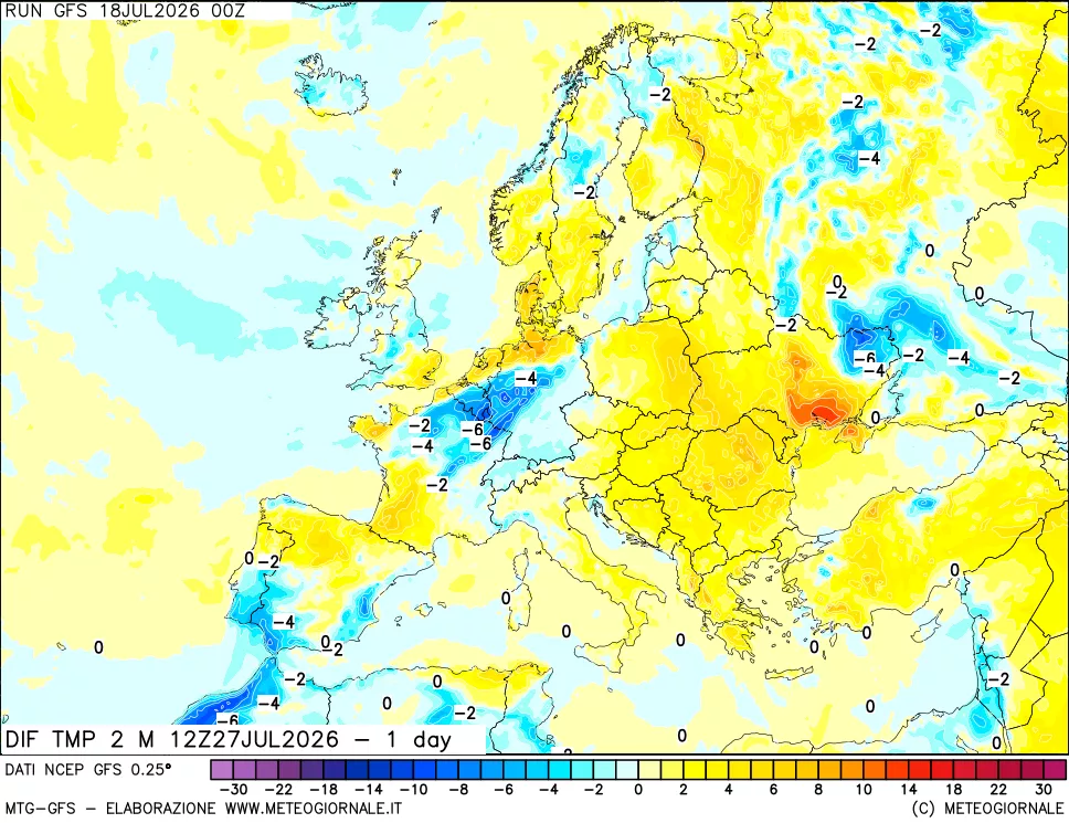 mappa Dif. Temp a 2 metri Valid - 1 day