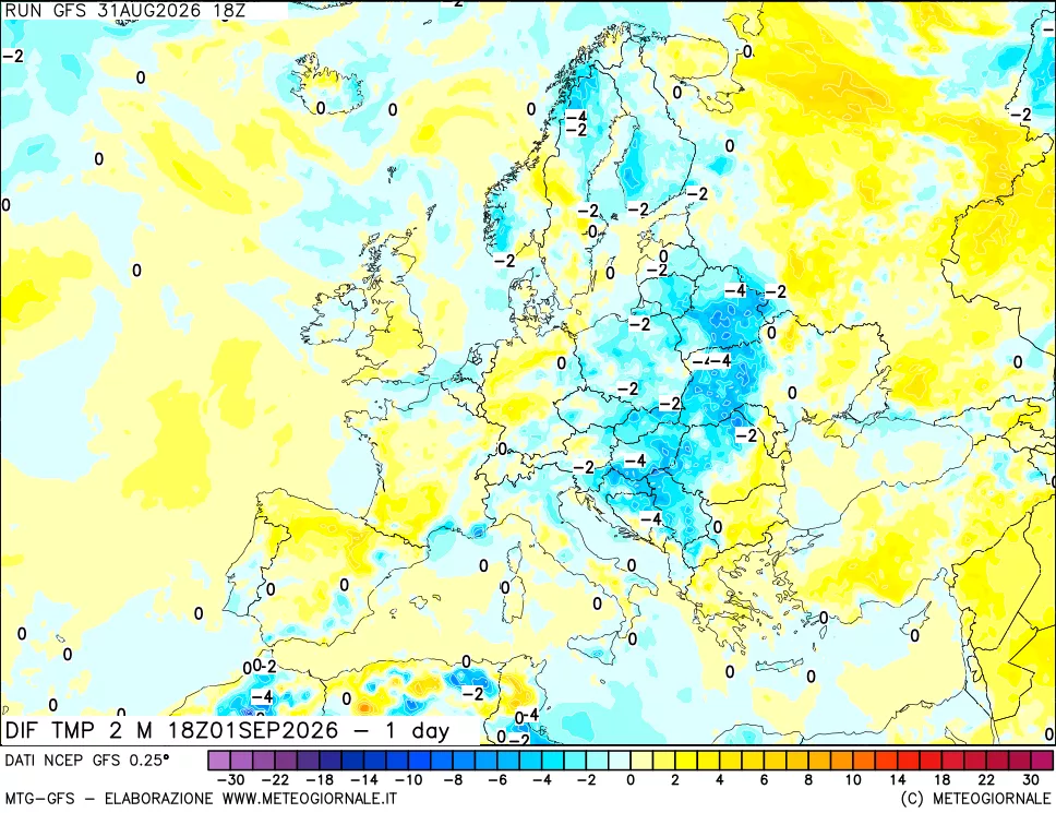mappa Dif. Temp a 2 metri Valid - 1 day