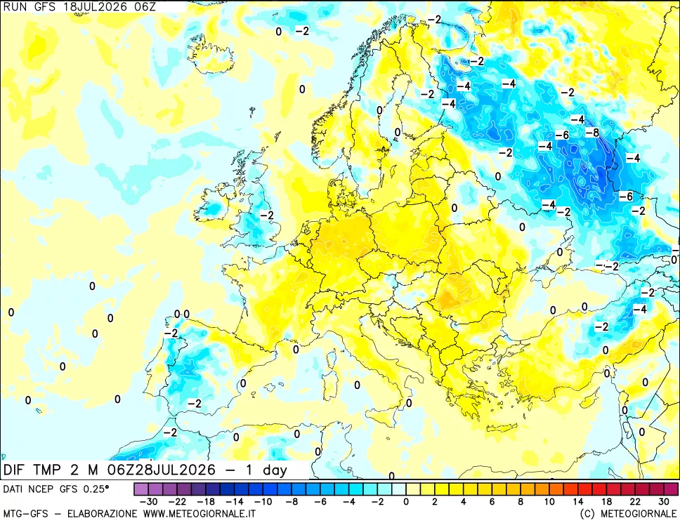 mappa Dif. Temp a 2 metri Valid - 1 day