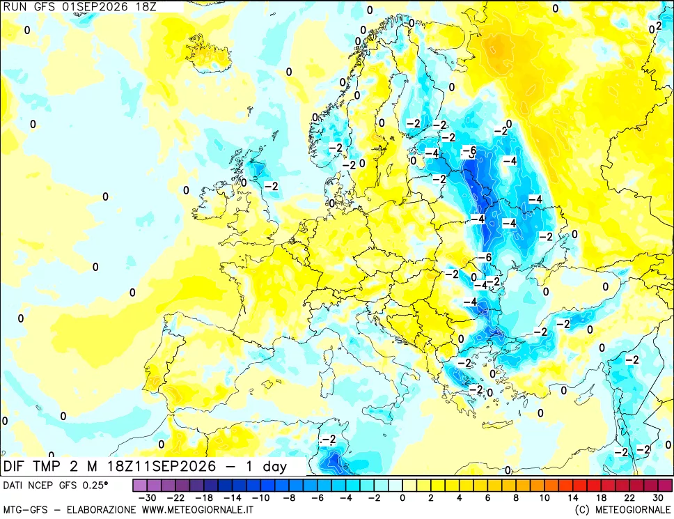 mappa Dif. Temp a 2 metri Valid - 1 day
