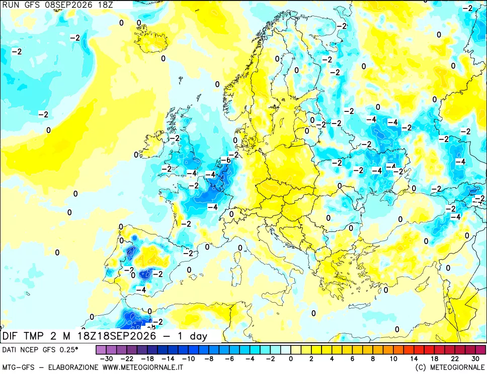 mappa Dif. Temp a 2 metri Valid - 1 day