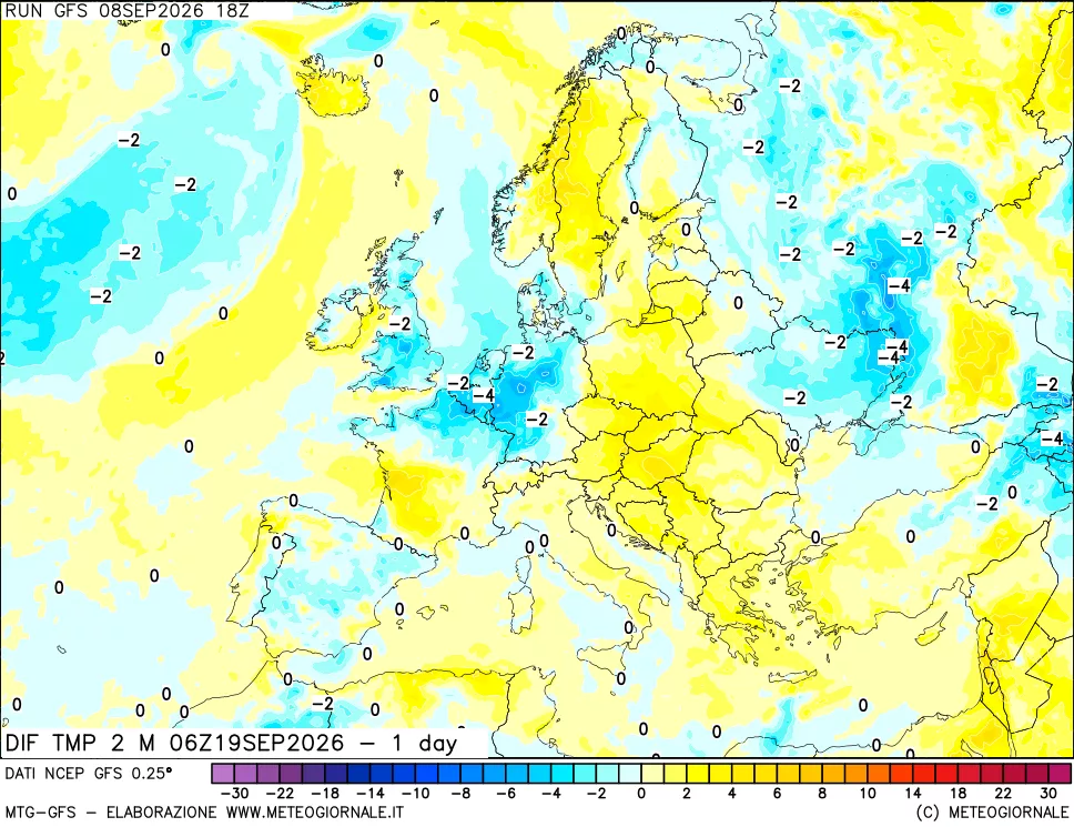 mappa Dif. Temp a 2 metri Valid - 1 day