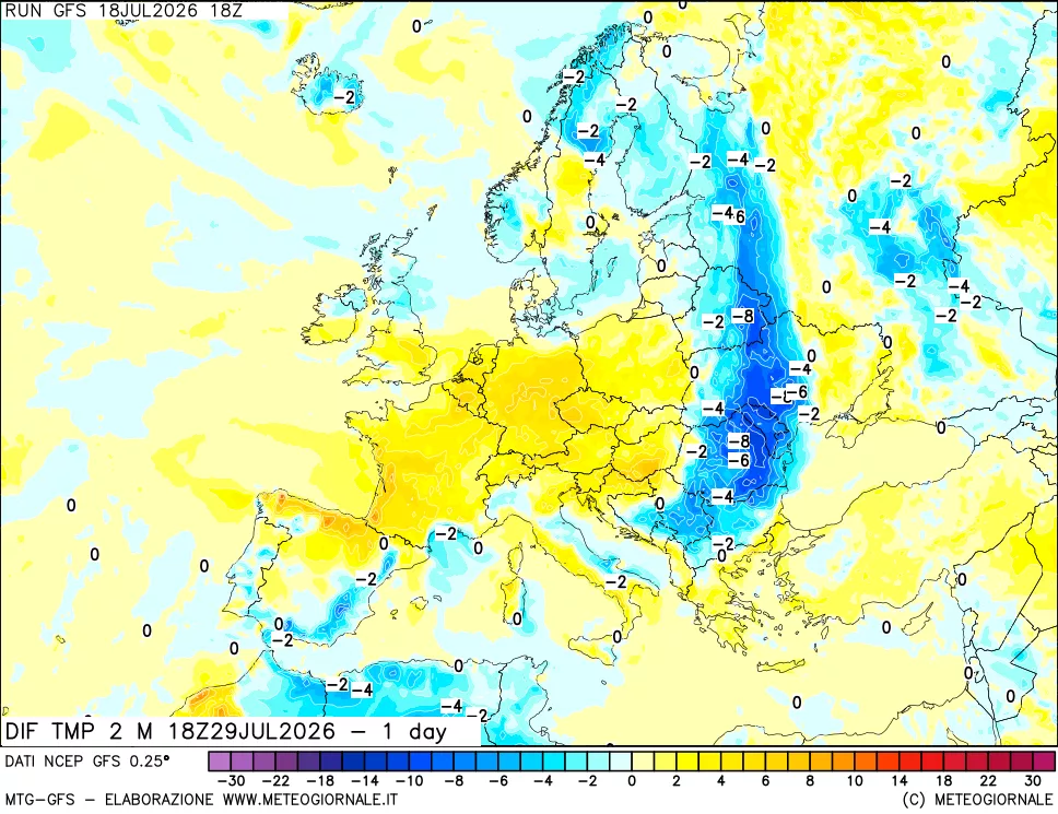 mappa Dif. Temp a 2 metri Valid - 1 day