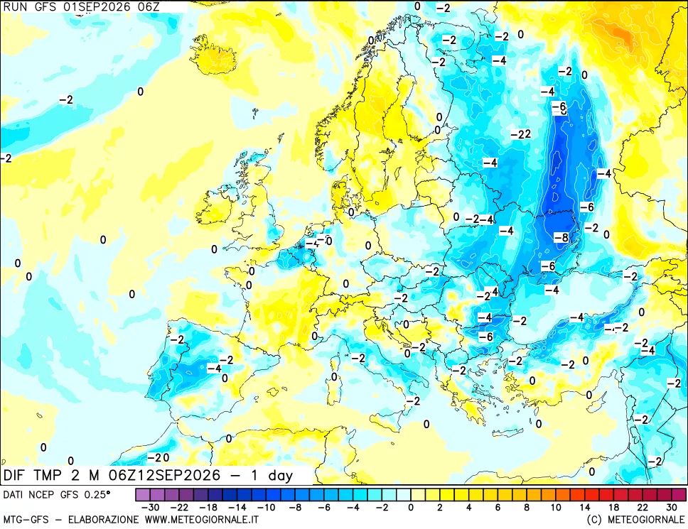 mappa Dif. Temp a 2 metri Valid - 1 day