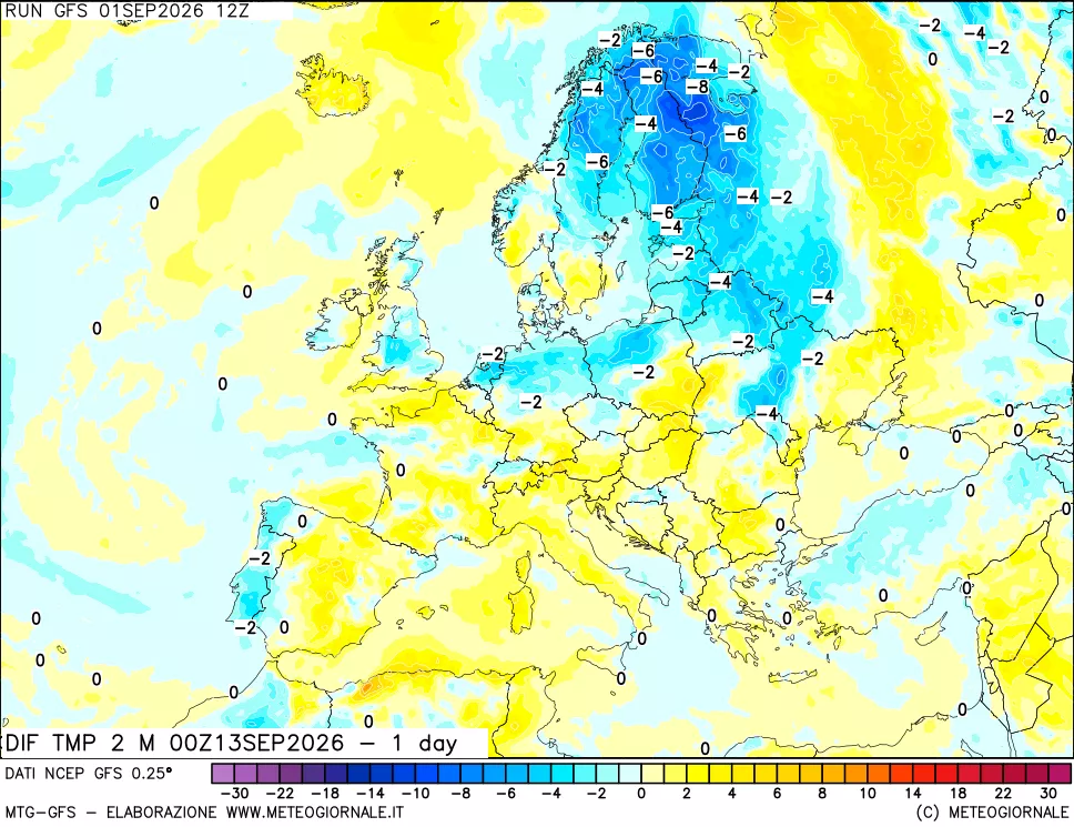 mappa Dif. Temp a 2 metri Valid - 1 day