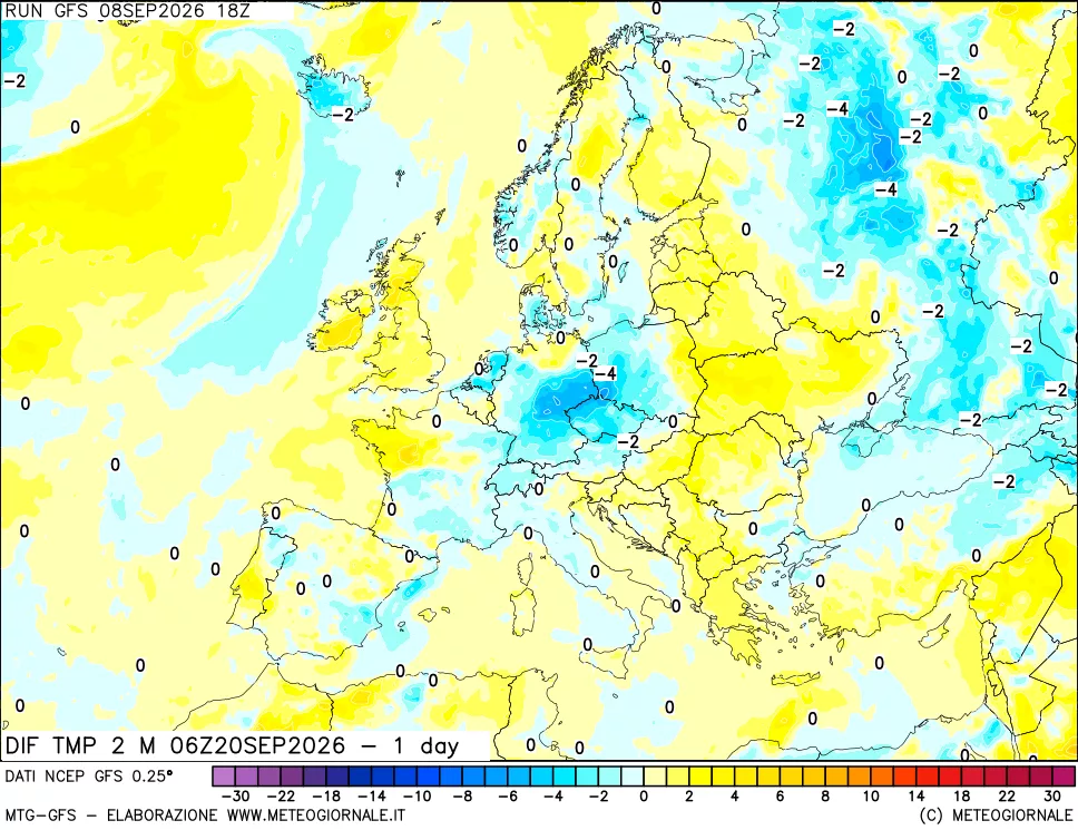 mappa Dif. Temp a 2 metri Valid - 1 day