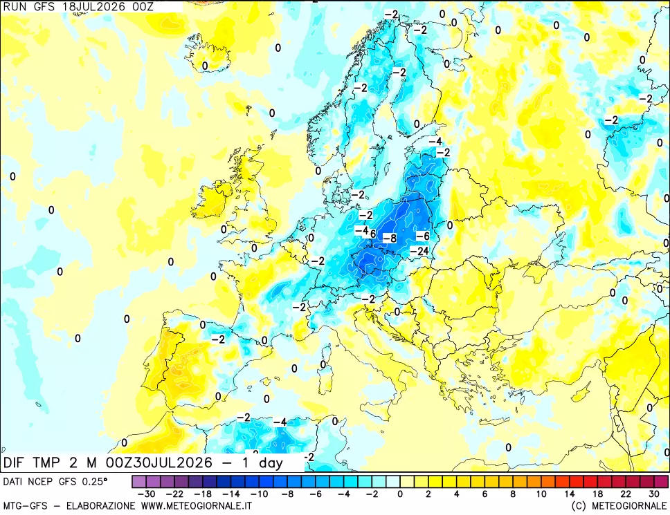 mappa Dif. Temp a 2 metri Valid - 1 day