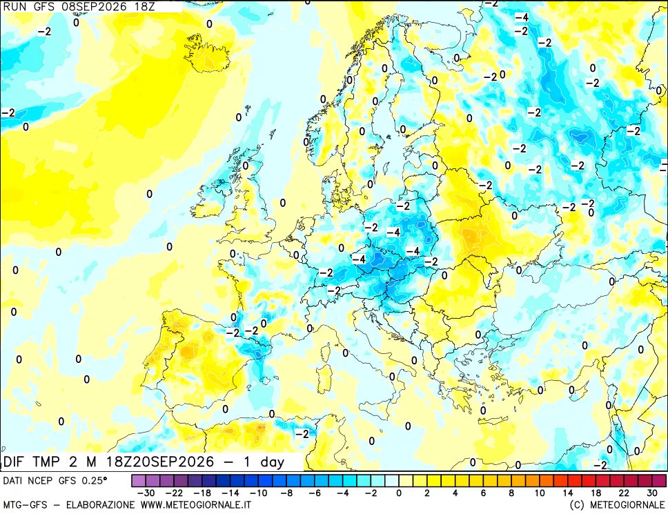 mappa Dif. Temp a 2 metri Valid - 1 day