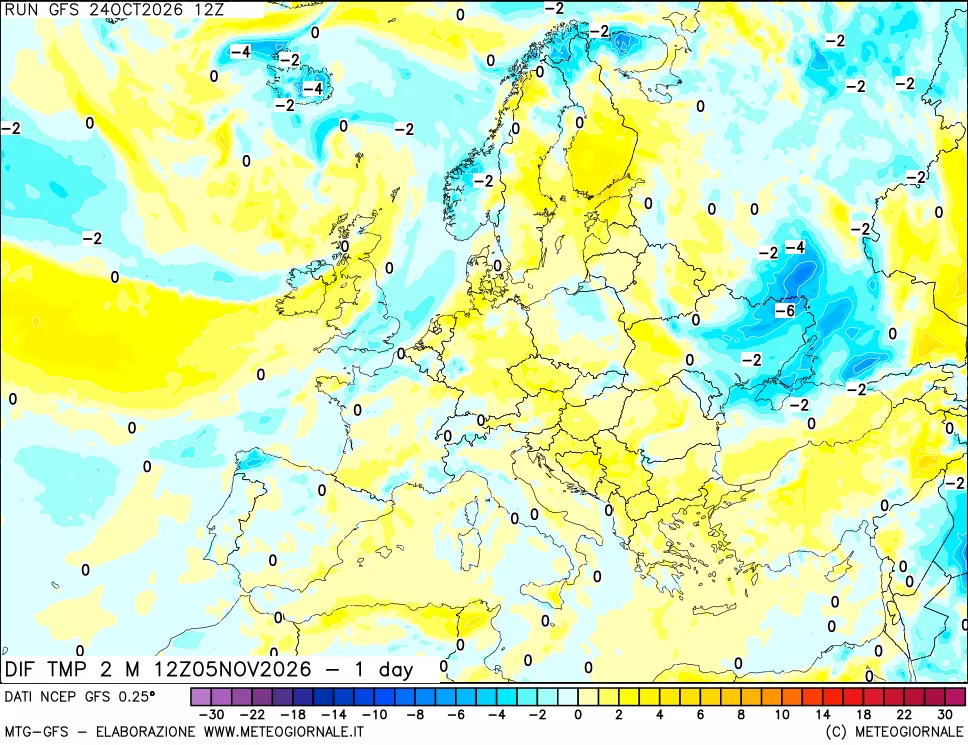 mappa Dif. Temp a 2 metri Valid - 1 day