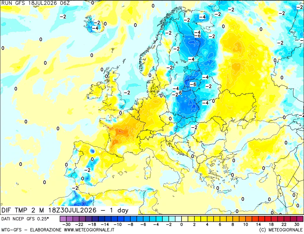 mappa Dif. Temp a 2 metri Valid - 1 day
