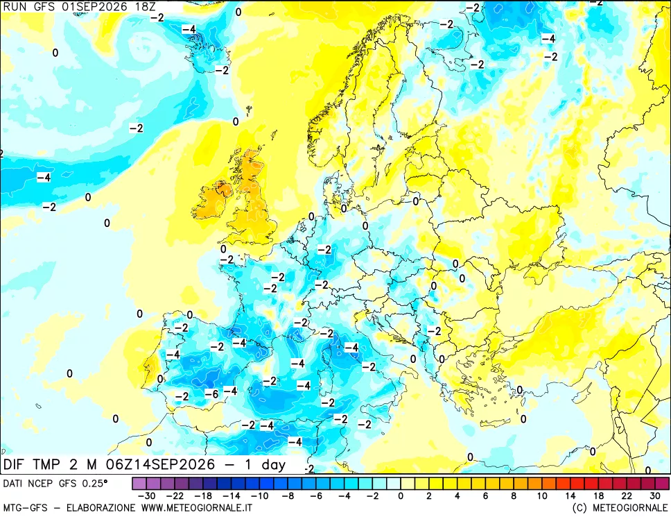mappa Dif. Temp a 2 metri Valid - 1 day