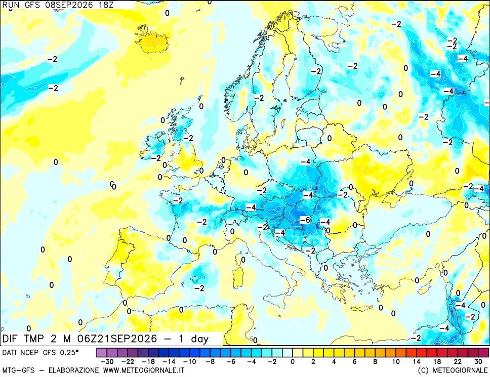 mappa Dif. Temp a 2 metri Valid - 1 day