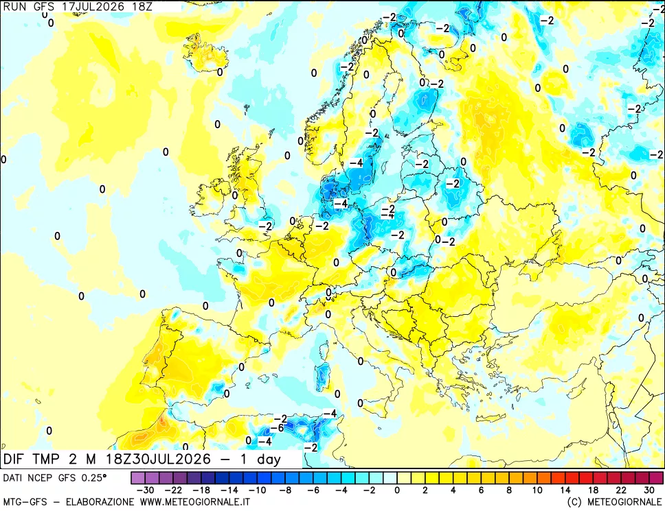 mappa Dif. Temp a 2 metri Valid - 1 day