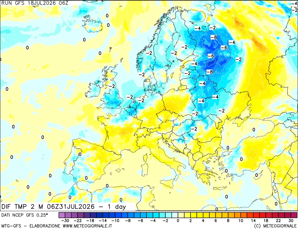 mappa Dif. Temp a 2 metri Valid - 1 day