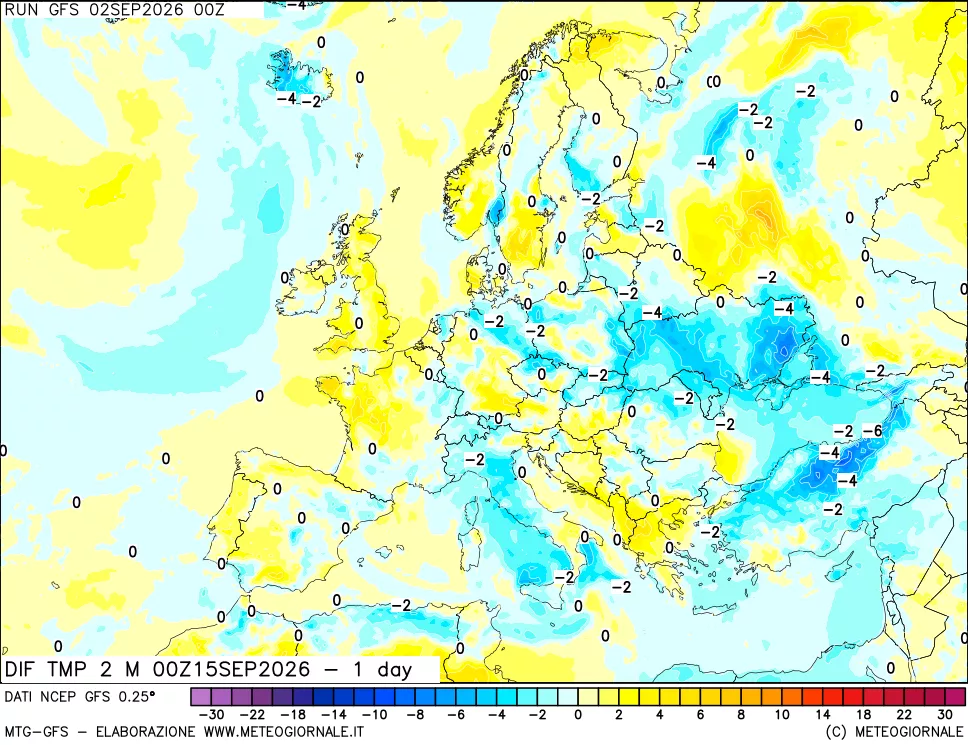 mappa Dif. Temp a 2 metri Valid - 1 day