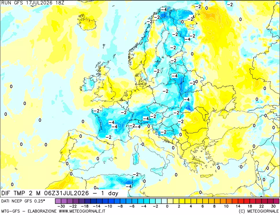 mappa Dif. Temp a 2 metri Valid - 1 day