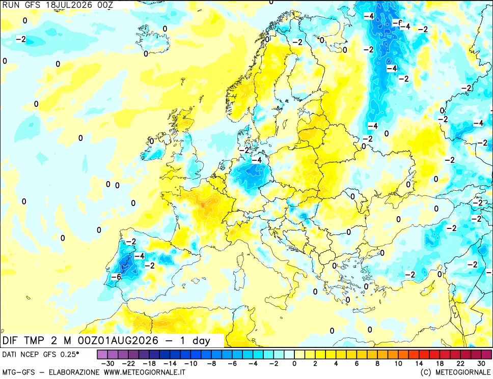 mappa Dif. Temp a 2 metri Valid - 1 day