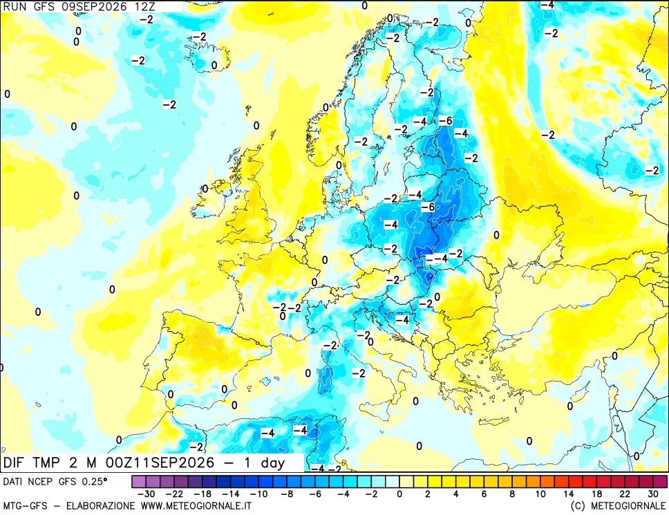mappa Dif. Temp a 2 metri Valid - 1 day