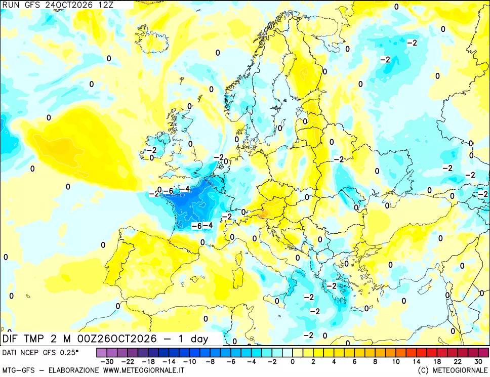 mappa Dif. Temp a 2 metri Valid - 1 day