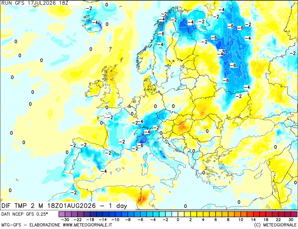 mappa Dif. Temp a 2 metri Valid - 1 day