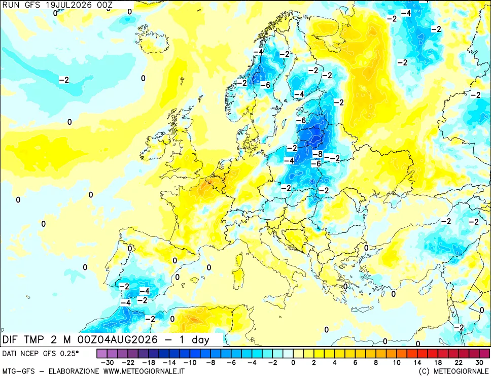 mappa Dif. Temp a 2 metri Valid - 1 day