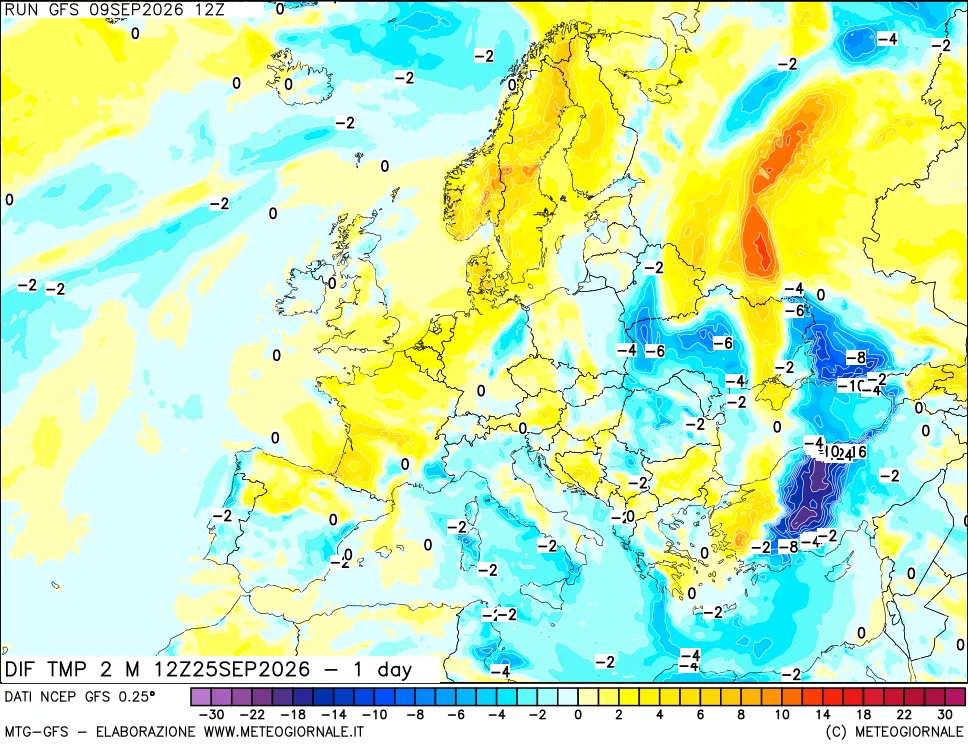 mappa Dif. Temp a 2 metri Valid - 1 day