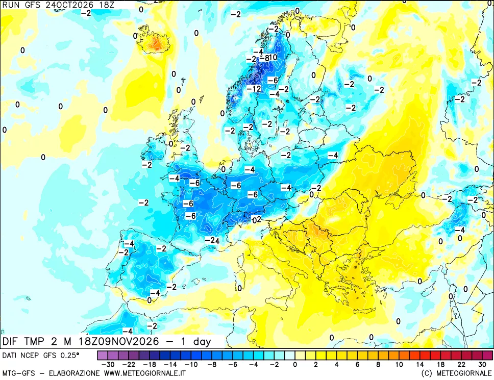 mappa Dif. Temp a 2 metri Valid - 1 day