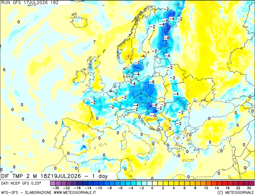 mappa Dif. Temp a 2 metri Valid - 1 day