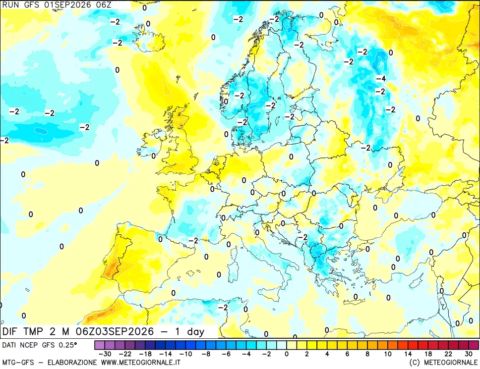 mappa Dif. Temp a 2 metri Valid - 1 day