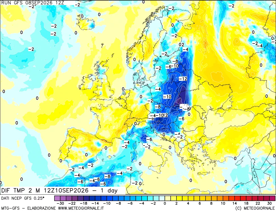 mappa Dif. Temp a 2 metri Valid - 1 day