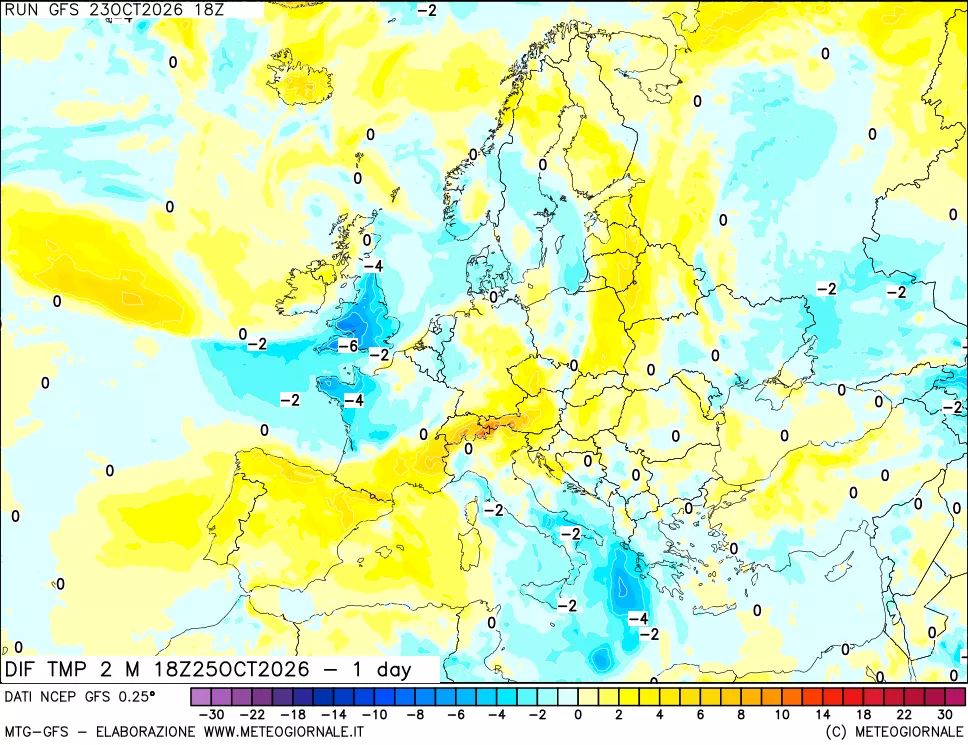 mappa Dif. Temp a 2 metri Valid - 1 day
