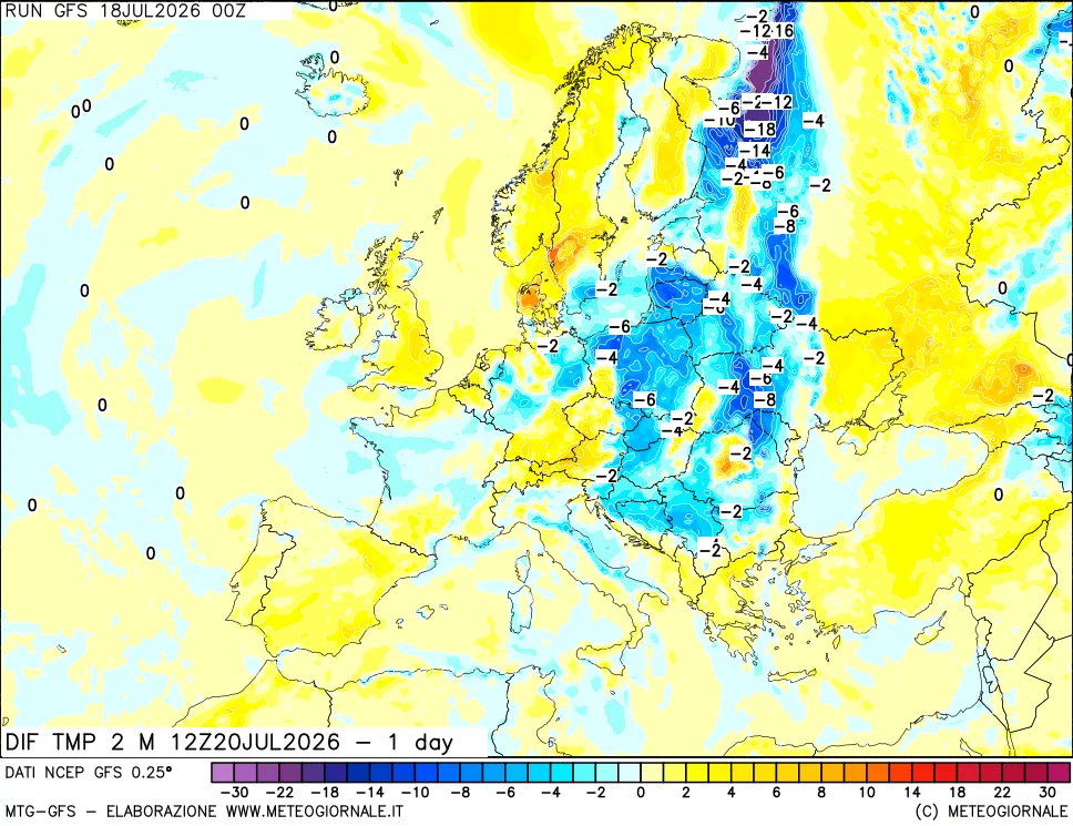 mappa Dif. Temp a 2 metri Valid - 1 day