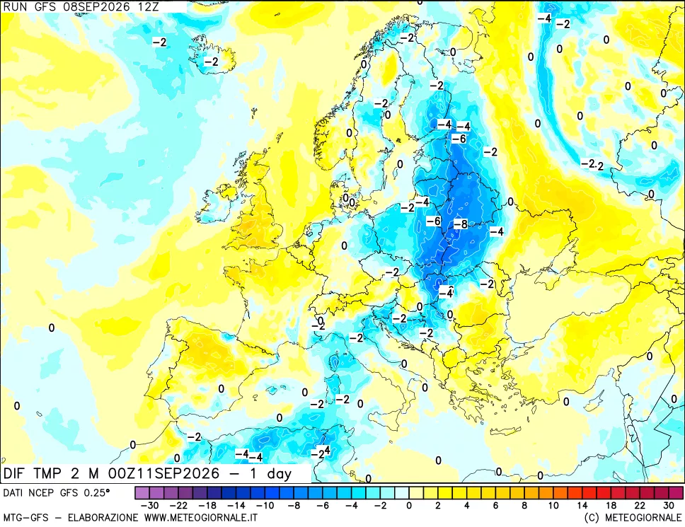 mappa Dif. Temp a 2 metri Valid - 1 day