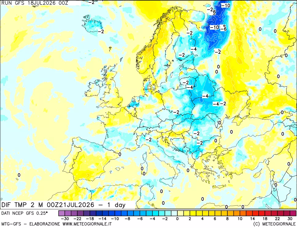 mappa Dif. Temp a 2 metri Valid - 1 day