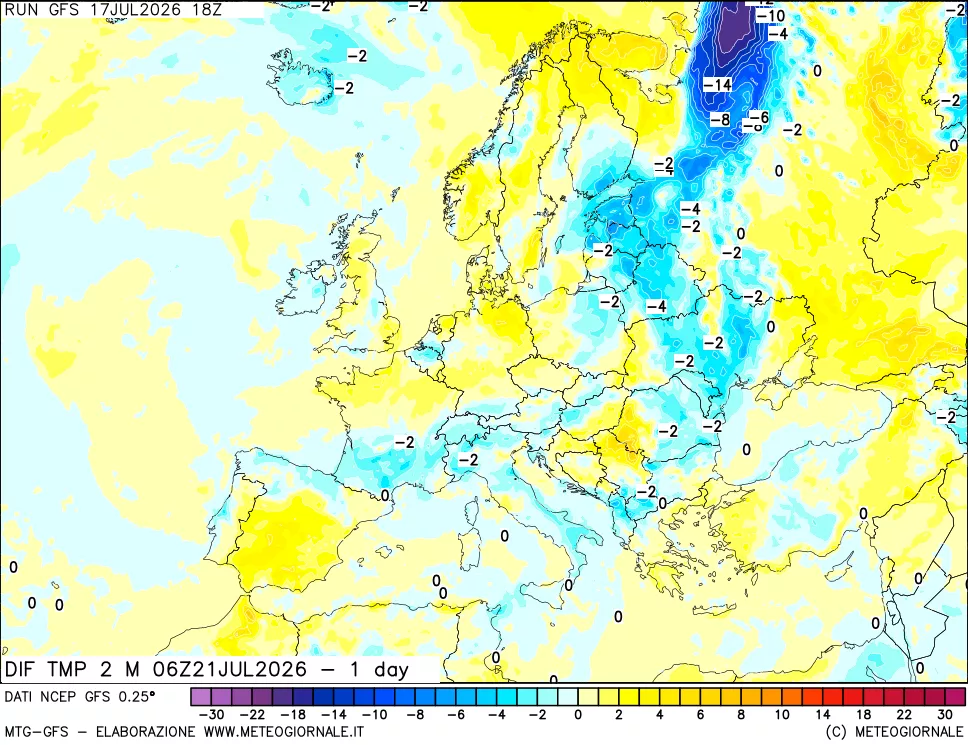mappa Dif. Temp a 2 metri Valid - 1 day