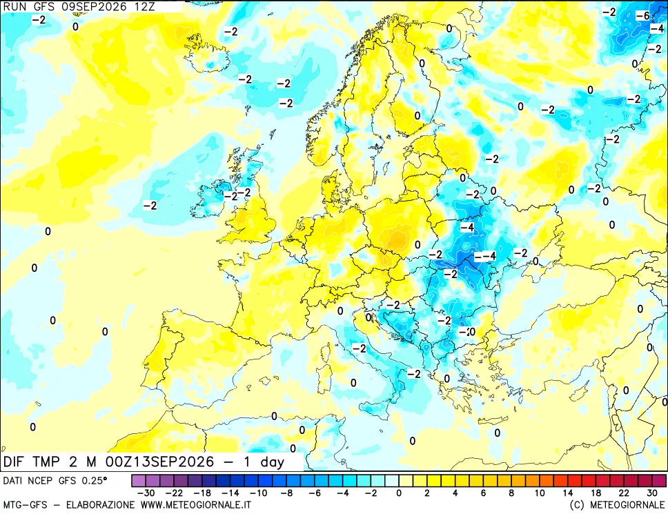 mappa Dif. Temp a 2 metri Valid - 1 day