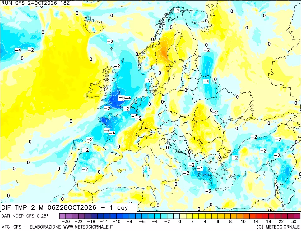 mappa Dif. Temp a 2 metri Valid - 1 day