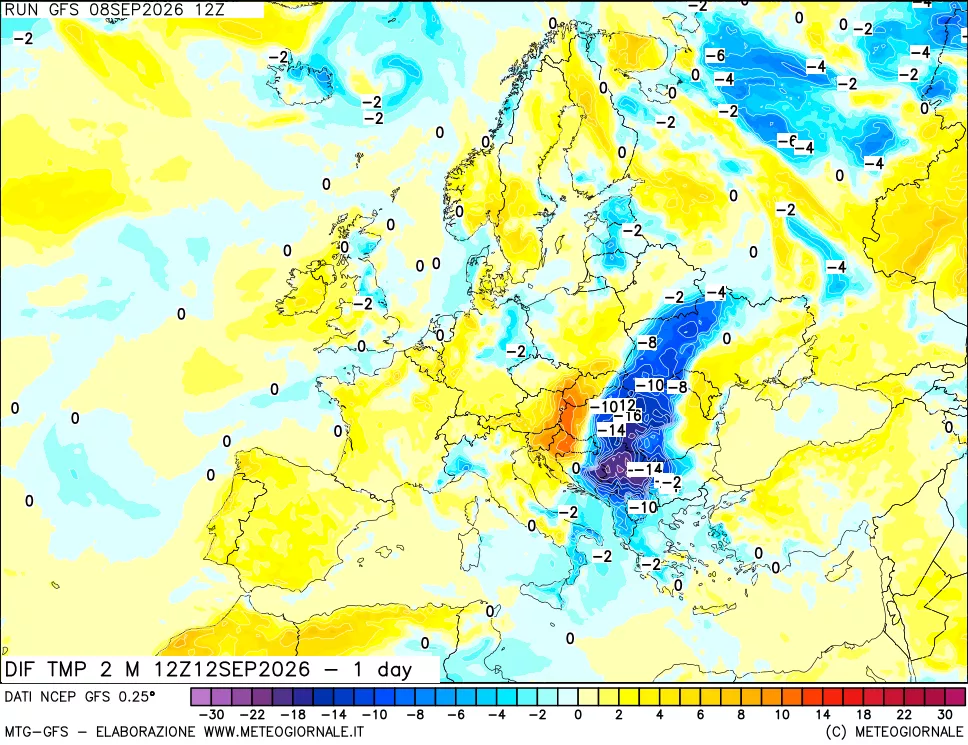 mappa Dif. Temp a 2 metri Valid - 1 day