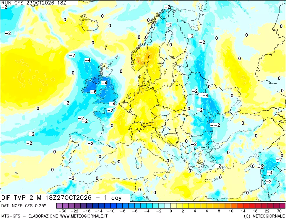 mappa Dif. Temp a 2 metri Valid - 1 day