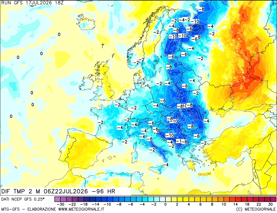 mappa Dif. Temp a 2 metri Valid - Init