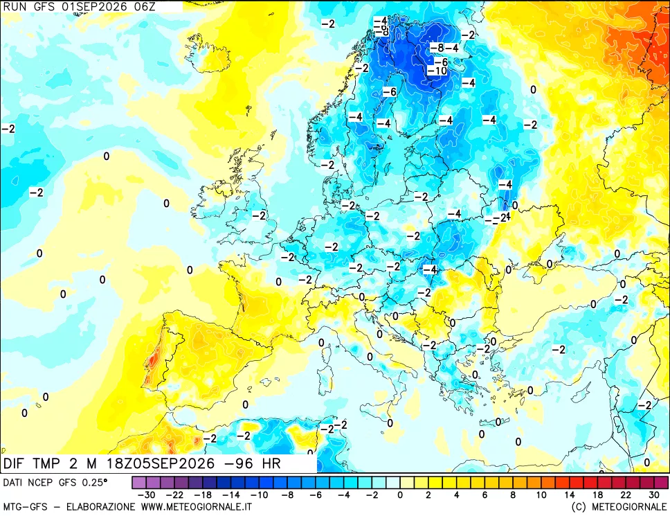 mappa Dif. Temp a 2 metri Valid - Init